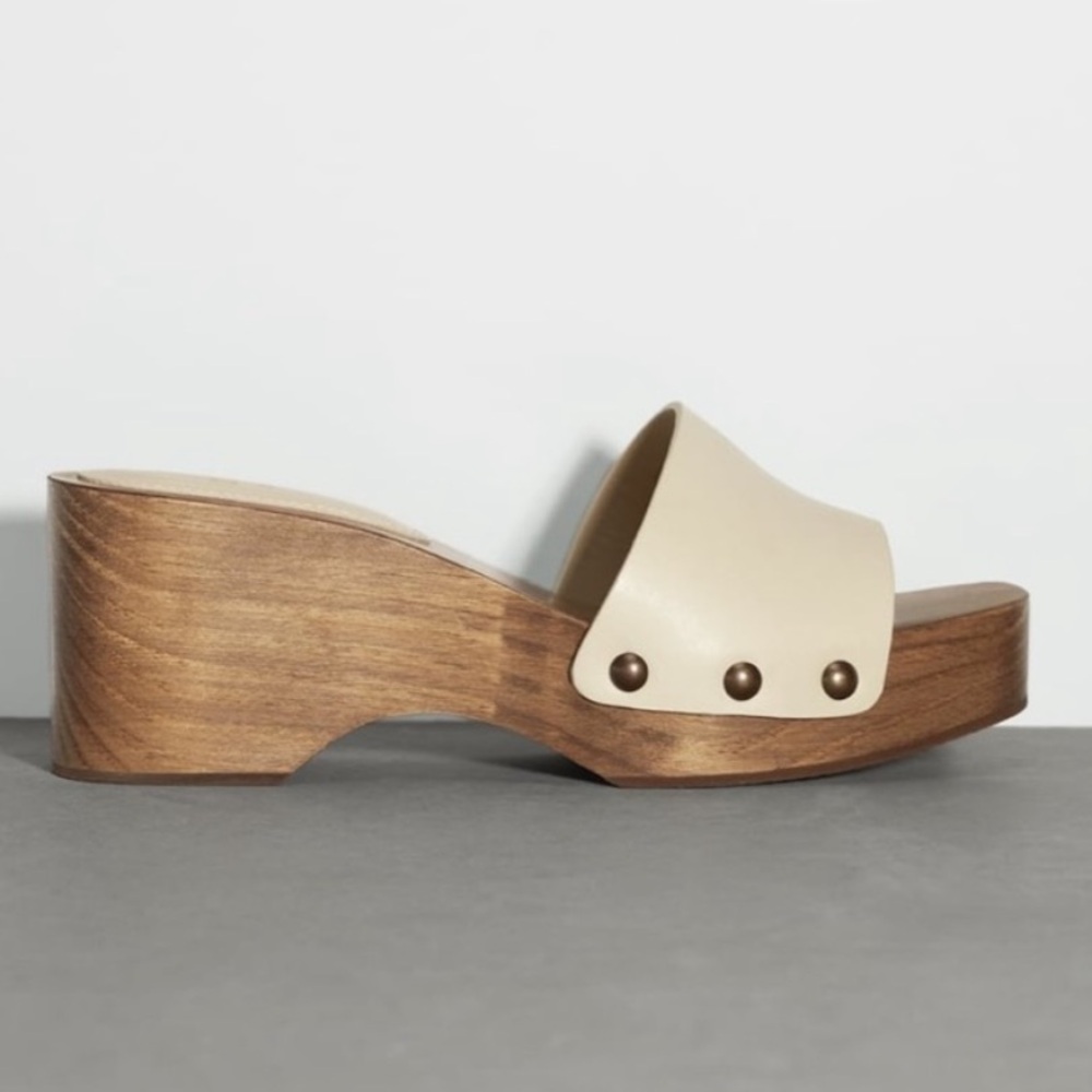 Zara Cream and Brown Clog Mules with Wooden Platform